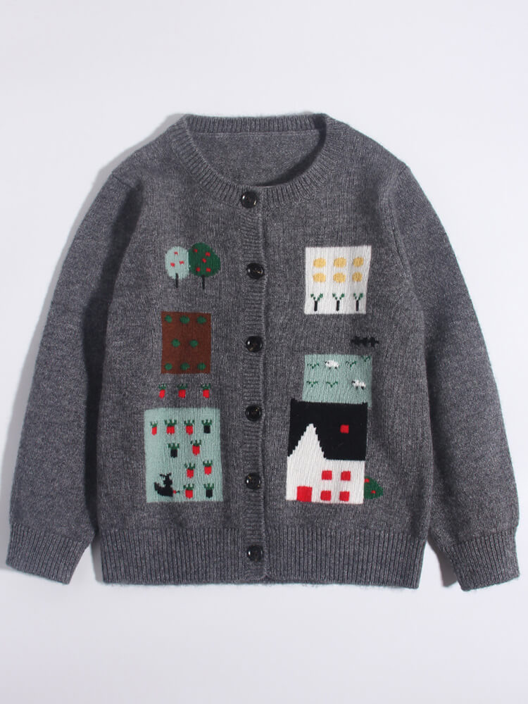 Kids Village Pattern Button-Down Cashmere Cardigan